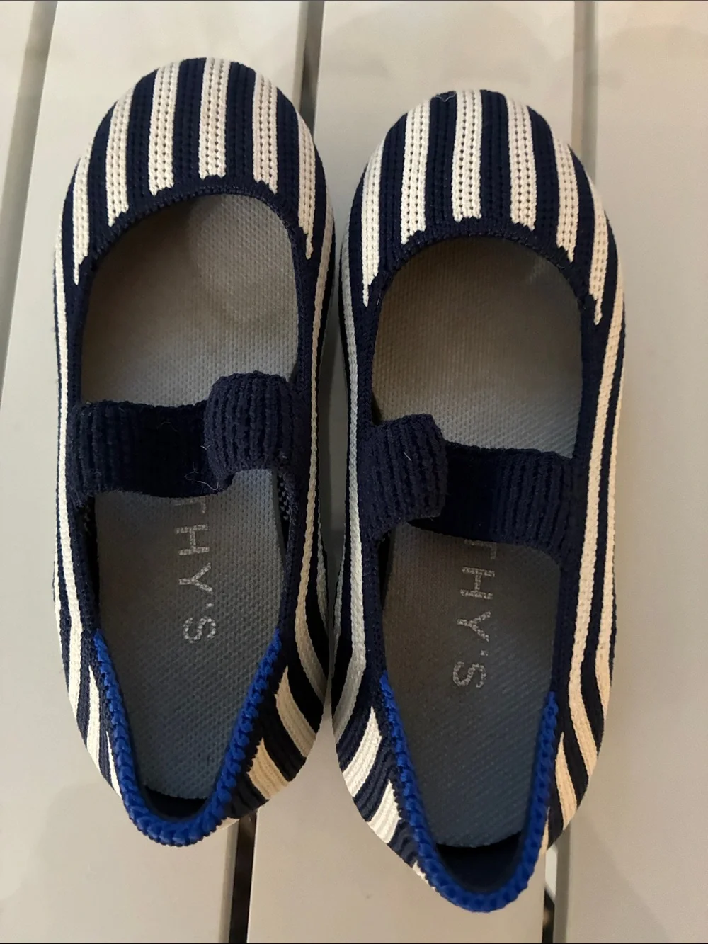 Rothy’s Navy & White Striped Kids Mary Jane Shoes- New-size 8